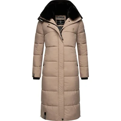 Afbeelding van MARIKOO Reliziaa Lange winterjas voor dames, warme gewatteerde jas, met afneembare capuchon, XS XXL, taupe, XL