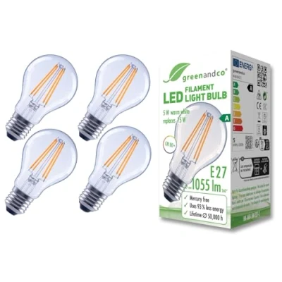 Afbeelding van greenandco 4 x gloeidraad LED lamp, helder, E27 A60, 5W 1055lm, vervangt 75W, 2700K warm wit, 320, 230V, flikkervrij, energie efficiëntieklasse A, niet dimbaar