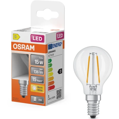 Afbeelding van OSRAM LED lamp Star mini bolvorm P15 filament, 2700 K warm wit, 1 W, E14, helder, 136 lm, 15.000 h, voor tafellampen, decoratieve lampen, accentverlichting