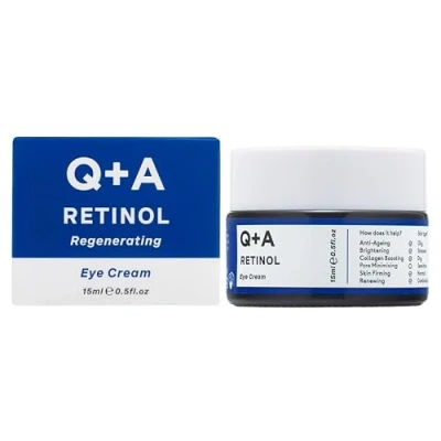Afbeelding van Q+A Retinol oogcrème Versterkt collageen, verstevigt en verlicht onder De ogen met groen zeewier zoethout Puffs, anti aging, veganistisch, dierproefvrij, gemaakt in het Verenigd Koninkrijk,