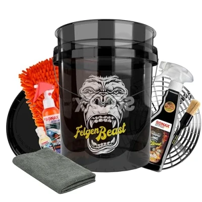 Afbeelding van Sonax Velgenreinigerset, 500 ml + autowasemmer 20 l met zeef en deksel washandschoen borstel keramische Quick Detailer shampoo microvezeldoek