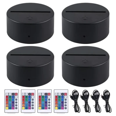 Afbeelding van 4 stuks 3D LED nachtlampje lichtsokkel: sokkel met afstandsbediening en USB kabel, illusielamp 7 kleuren verlichting dimbaar, decoratieve lamp voor kinderkamer, slaapkamer, woonkamer, bar,