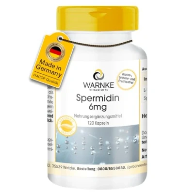 Afbeelding van Spermidine 6mg 120 capsules uit tarwekiemextract HOGE DOSAGE Duitse apothekerskwaliteit veganistisch Warnke Vitalstoffe