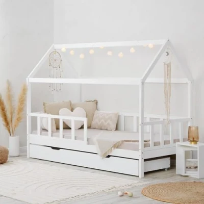 Afbeelding van Homestyle4u 2522, Kinderbed met lattenbodem en bedlade, huisbed valbeveiliging, 90 x 200 cm, wit, hout grenen
