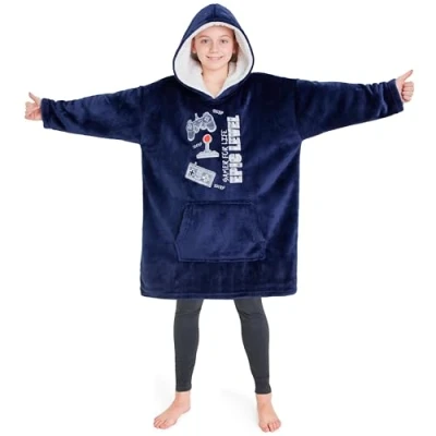 Afbeelding van CityComfort deken met capuchon voor kinderen, fleece hoodie om aan te trekken, grijs, Eén maat (Blauw Gamen)