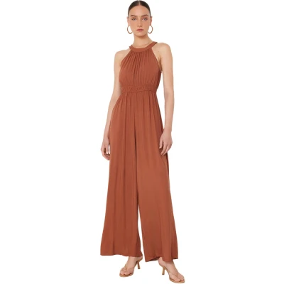 Afbeelding van Trendyol Zwarte Maxi Geweven Jumpsuit Met Wijde Pijpen En Verzameld Tailledetail Twoss23Tu00121