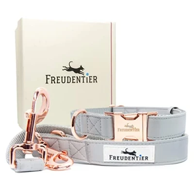 Afbeelding van FREUDENTIER® Hondenriem + hondenhalsband in stijlvolle set incl. geschenkdoos Hyde Park collectie winterbestendig &amp; onderhoudsvriendelijk (30 42 cm)