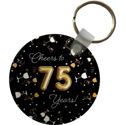 Afbeelding van Sleutelhanger Verjaardag 75 Jaar Confetti Plastic Rond Uitdeelcadeautjes