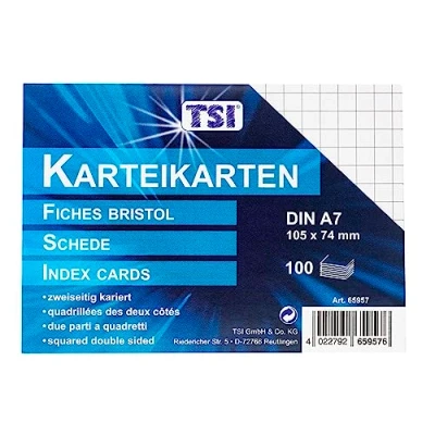 Afbeelding van TSI 65957 indexkaarten DIN A7, verpakking van 100, geruit, wit