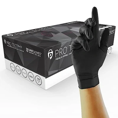 Afbeelding van Unigloves PRO.TECT Black GA0044 Nitril voor eenmalig gebruik multifunctionele, poedervrije wegwerphandschoenen, doos met 100 handschoenen, zwart, groot