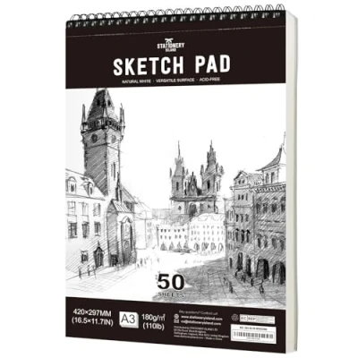 Afbeelding van STATIONERY ISLAND Schetsblok, A3 schetsboek, 180 g/m² dik papier, 100 pagina&#039;s/50 vellen, spiraalgebonden 1 stuk