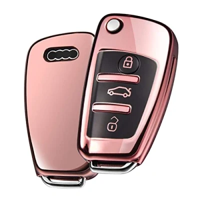 Afbeelding van OATSBASF Sleutelhoes geschikt voor Audi, autosleutelhoes A1 A3 A4 A6 Q3 Q5 Q7 S3 R8 TT siliconen TPU beschermhoes (roségoud)