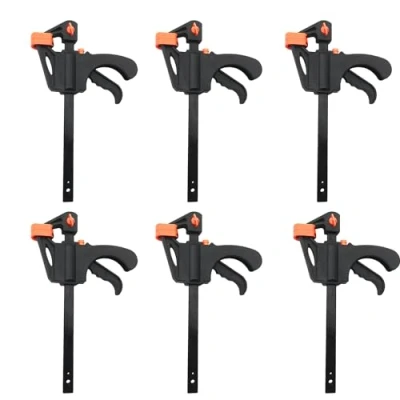Afbeelding van 6 stuks 10 cm houtbewerkingsklemmen, ratelstangklemgereedschap, F vormige stangklem, veersnelgreepklem, ratelontspanner, handhoutklemmen, geschikt voor handwerk