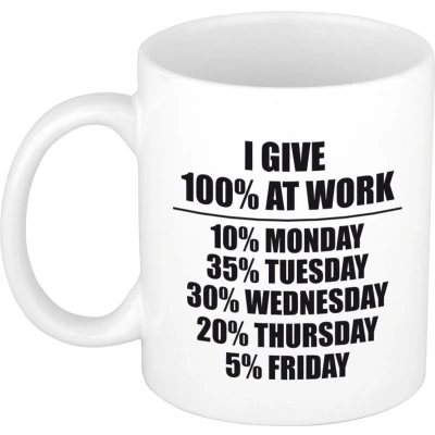 Afbeelding van I give 100 percent at work cadeau mok / beker wit en zwart personeel collega feest mokken