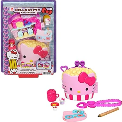 Afbeelding van Hello Kitty Popcornslaapfeestje Compacte Speelset (12,5 cm) met 2 Sanrio Minifiguren, Schrijfblok en Accessoires, Mooi cadeau voor kinderen vanaf 4 jaar