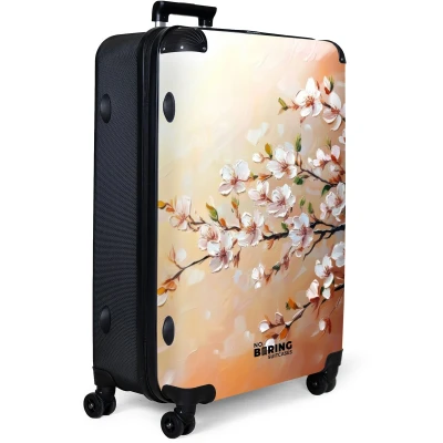 Afbeelding van NoBoringSuitcases.com® Koffer groot Reiskoffer lichtgewicht Bloesemtakken op oranje achtergrond Rolkoffer met 4 wielen Grote trolley XL 98 liter bagage
