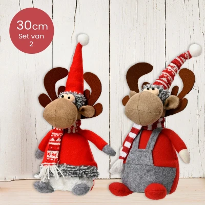 Afbeelding van Polyester rendieren grijs met muts Duo pack 30cm