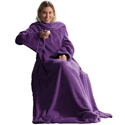 Afbeelding van CelinaTex Tv deken knuffeldeken met mouwen en voettas XL 170 x 200 cm paars koraal fleece sprei microvezel