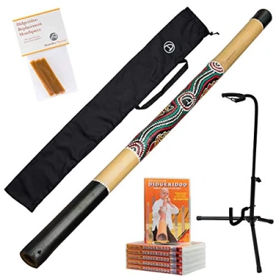 Afbeelding van 5 delige didgeridoo starterspakket bestaande uit bamboe 120cm inclusief nylon didgeridootas lesvideo 85min 3 reepjes pure imker bijenwas stabiele didgeridoostandaard bekijk de video!