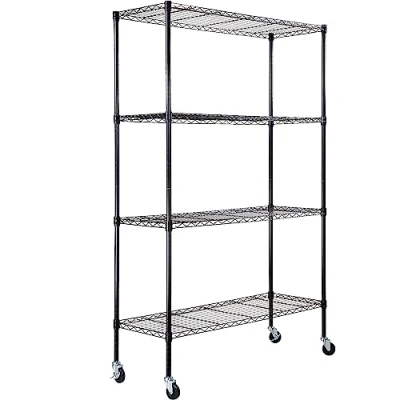 Afbeelding van VEVOR Opbergrek met wielen, 4 laags verstelbaar, 700 lbs capaciteit, zware garageplanken metalen organizer draadrek, zwart, 47 x 17,7 inch B 74 H voor keuken voorraadkast kelder badkamer
