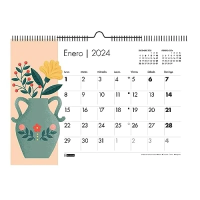 Afbeelding van Miquelrius Wandkalender 2024, formaat A3: 420 x 296 mm, met ruimte voor noteren, dubbele spiraalbinding, Spaans, pioenrozendesign, vazen