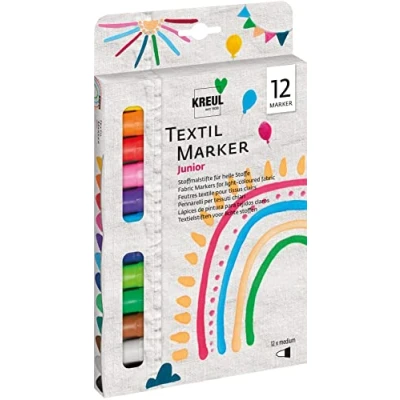 Afbeelding van KREUL 90720 Textielmarker medium Junior, 12 textielverfstiften voor lichtgekleurd textiel, met grote ongevoelige vezelpunt, lijndikte ca. 2 4 mm, wasbestendig na fixatie