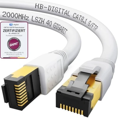Afbeelding van HB DIGITAL 0,25 m CAT 8.1 netwerkkabel S/FTP LSZH wit 40 Gbits LAN patchkabel Gigabit RJ45 stekker Ethernet Data Cable 40000 Mbits overdrachtssnelheid PIMF 2000 MHz Cat.6 Cat.7 Cat.8