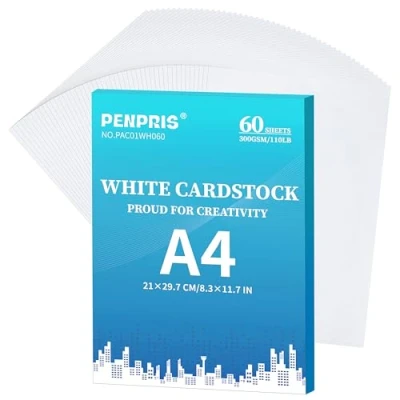 Afbeelding van 300gsm wit karton 60 vellen A4 formaat kartonnen papieren omslag kaartvoorraad 110 lbs zwaargewicht papier dik voor doe het zelf kaarten maken, uitnodigingen, ansichtkaarten, visitekaartjes