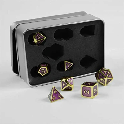 Afbeelding van shibby 7 polyhedrale metalen kubussen voor rol en tafelspellen in steampunk Goud Paars look incl. opbergdoosje