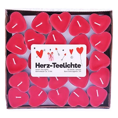 Afbeelding van Pajoma hartvormige theelichtjes, kaars, hart Love You in een verpakking van 50 stuks, 3 uur, rood