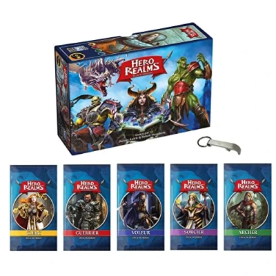 Afbeelding van Hero Realms Het basisspel + 5 heldendecks: tovenaar, krijger, boogschutter, dief, geestelijke Franse versie 1 Blumie flesopener (basis helden)