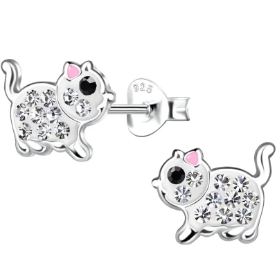 Afbeelding van JoyS Zilveren kat poes oorbellen 9 x 8 mm zilver met roze oortjes kristal kinderoorbellen