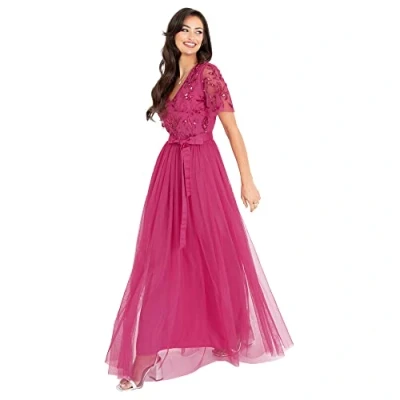 Afbeelding van Maya Deluxe Maxi jurk voor dames, baljurk bruiloft, gast, versierd met strikband, V hals, bruidsmeisje, gala, avondgelegenheid, Fuchsia, 32