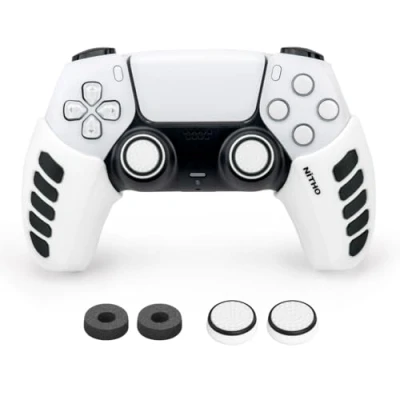 Afbeelding van NiTHO Aanpasbare Siliconen Hoes Grip voor PS5 Controller, Set van 2 Antislip Beschermhoes Grepen, Duimgreepdoppen en Analoge Mini Stick Precisieringen, Accessoires PlayStation 5 Dualsense Controller Wit