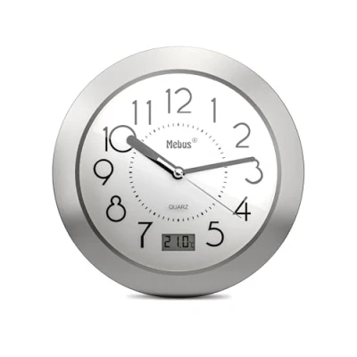 Afbeelding van Kwarts badkamerklok, digitaal display, aluminium frame, zuignappen, witte wijzerplaat, model 41964 nauwkeurig en functioneel