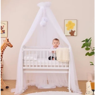 Afbeelding van ALAVYA HOME® Bedhemel tule 120 cm lang voor babybed en wieg, muggennet met 2 pompons hemelstang I babykamerdecoratie beschermt tovert je baby tijdens het slapen (wit)