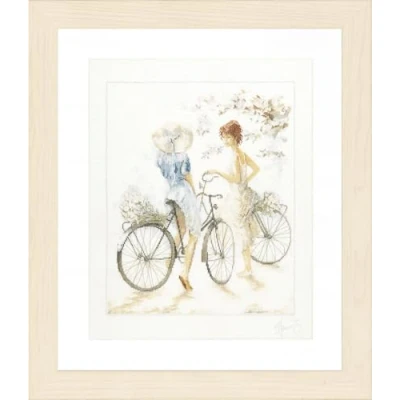 Afbeelding van Lanarte Tellpatroonverpakking meisjes op fiets kruissteekverpakking, katoen, meerkleurig, 39 x 49 0,3 cm