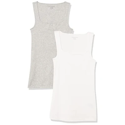 Afbeelding van Amazon Essentials Tanktop voor dames, slimfit, vierkante hals, 2 stuks, wit/lichtgrijs gemêleerd, XXL