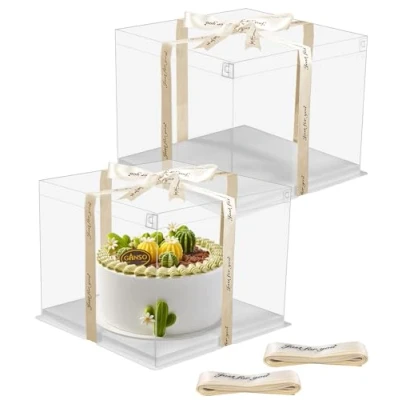 Afbeelding van geschenkdoos met 2 stuks, doorzichtige taartdoos, 26 x 24,5 cm, transparante taarttransportdoos, sokkel en lint voor verjaardag, dessert, stuks