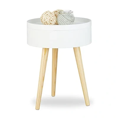 Afbeelding van Relaxdays bijzettafel rond, Scandinavisch design, met dienblad, opbergruimte, H x Ø: ca. 50 38 cm, wit