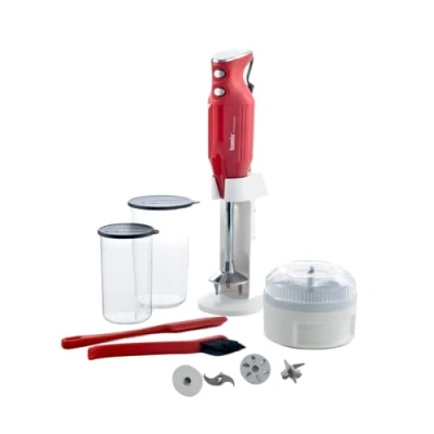 Afbeelding van bamix Staafmixer set M350 MAXX incl. standaard, 2 bekers, 4 opzetstukken, processor, spatel, reinigingsborstel, 350 Watt, Made in Switzerland, rood/chroom