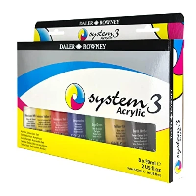 Afbeelding van Daler Rowney System3 59ml acrylverf selectieset, 8 x diverse levendige kleuren, multi oppervlak, ideaal voor professionele kunstenaars en studenten