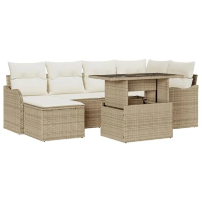 Afbeelding van vidaXL 7 delige Tuin Sofa Set met Kussens Beige Poly Riet, 2 Persoons Riet