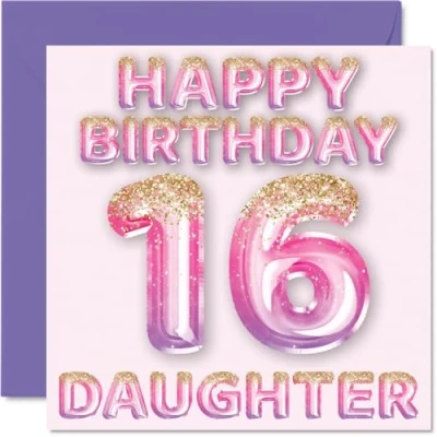 Afbeelding van 16e verjaardagskaart voor dochter roze en paarse glitterballonnen gelukkige verjaardagskaarten 16 jarige van mama papa ouders, 145 mm x cadeau
