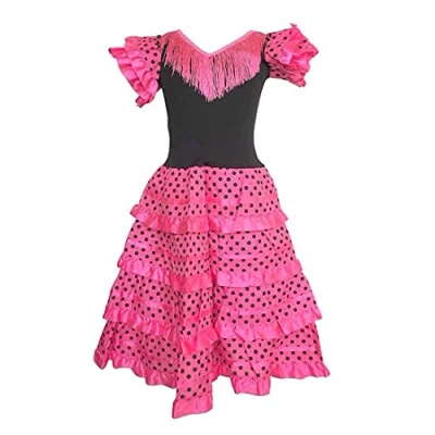 Afbeelding van Spaanse jurk Flamenco Roze/Zwart Maat 152/158 (14) Verkleed meisjes verkleedkleren prinsessenjurk
