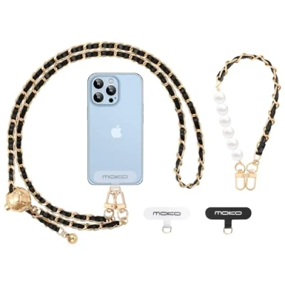 Afbeelding van MoKo Phone Lanyard Crossbody, Adjustable Cell Lanyard, Universal Chain Strap for iPhone, Samsung, Most Smartphones, Neck x 1, Beaded Wrist Patches 2, Black