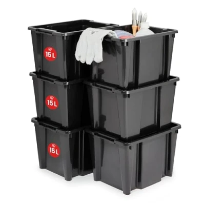 Afbeelding van Iris Ohyama, Kunststof Gereedschap Opbergdozen Geen deksel, maar met ergonomische handgrepen, 45L, Set van 6, Stapelbaar, Nestbaar, BPA Vrij, Zolder, Schuur, Garage, HB 15 Body, Zwart