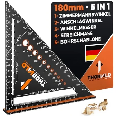 Afbeelding van THORVALD 5 in 1 timmermanshoek 180 mm Multifunctioneel : Trusquin / Raporter Boorsjabloon Hoedhoek Aluminium Tijdbesparend gereedschap
