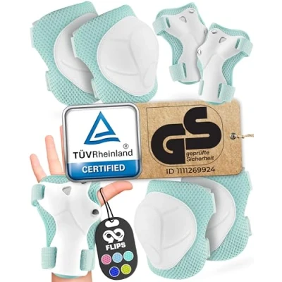 Afbeelding van 99FLIPS Flash Kniebeschermers voor kinderen, 3 jaar, gebruik met inlineskates, TÜV Rheinland GS zegel, 6 delige set, maat S/M, mint, beschermers, knie en