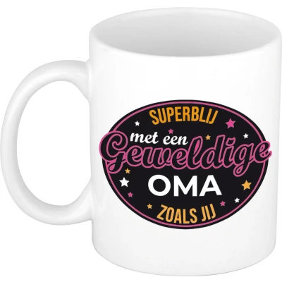 Afbeelding van Superblij met oma cadeau mok / beker wit kado verjaardag feest mokken